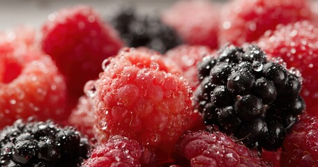 Macro shot of fresh raspberries and blackberries with dew drops, highlighting vibrant colors and juicy texture, perfect for commercial food and beverage projects