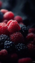 Close-up of fresh raspberries and blackberries with vibrant colors and juicy texture, perfect for commercial food, health, and culinary projects