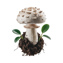 White Forest Mushroom Growing from Soil with Green Leaves Isolated on Black Background Nature Ecology and Fungi Concept