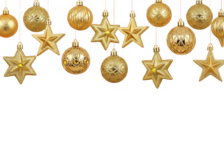 Golden christmas ornaments hanging isolated on transparent background