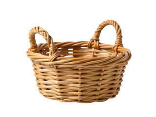 Obraz premium A woven wicker basket with sturdy handles on a clean white background, ideal for photography, packaging, or design projects