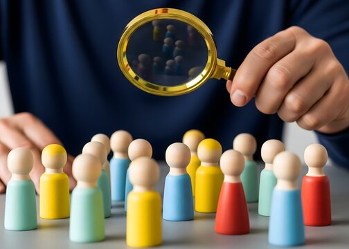 Market segmentation concept. Target audience and customer care. Market group of buyers. Customer relationship management. Businessman looking through a magnifying glass. Selective focus. 