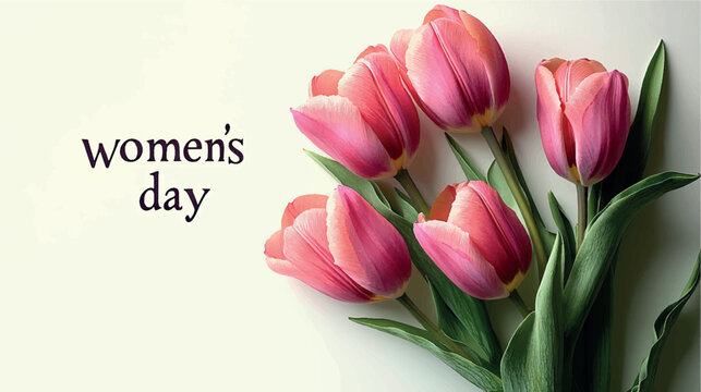 Women's Day postcard with tulips and flowers. Women's Day card design. Tulips background. Bouquet of flowers with tulips background.