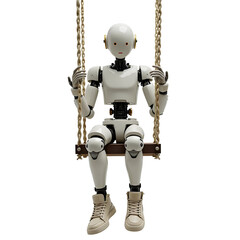 Humanoid robot sitting on a swing isolated on white background