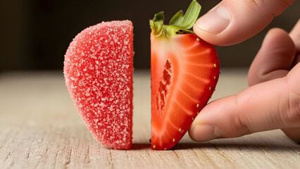 Hand holding fresh strawberry next to sugary candy