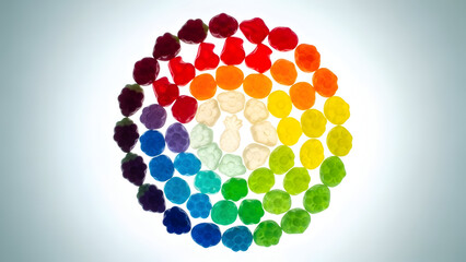 Vibrant rainbow gummy candies arranged in a colorful circle pattern