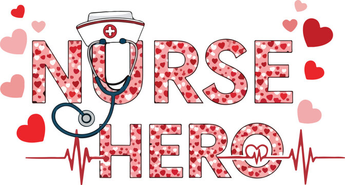 Medical Themed Nurse Hero Graphic with Pink Heart Patterns and Stethoscope for Valentines , Generative Ai