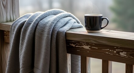 Folded gray blanket and steaming coffee mug, cozy and peaceful, autumn relaxation concept on wooden porch railing