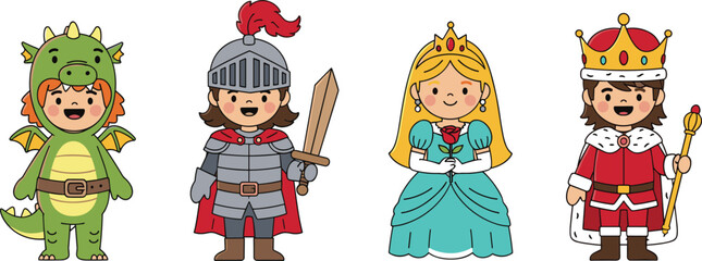 Naklejka premium Cute kids fantasy costume characters including dragon knight princess and king, cartoon medieval fairytale vector illustration set design