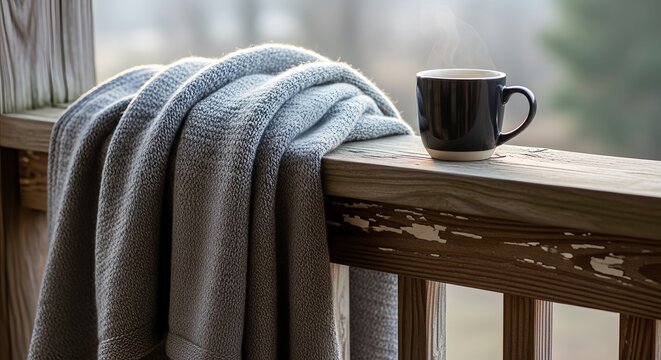 Folded gray blanket and steaming coffee mug, cozy and peaceful, autumn relaxation concept on wooden porch railing - Powered by Adobe