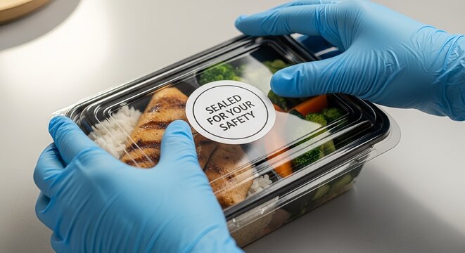 Hands in gloves applying Sealed for your Safety sticker, hygienic and professional, food delivery packaging concept on clean table