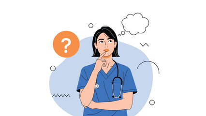 Pensive female nurse in blue scrubs thinking deeply with a question mark and a white thought bubble floating nearby.