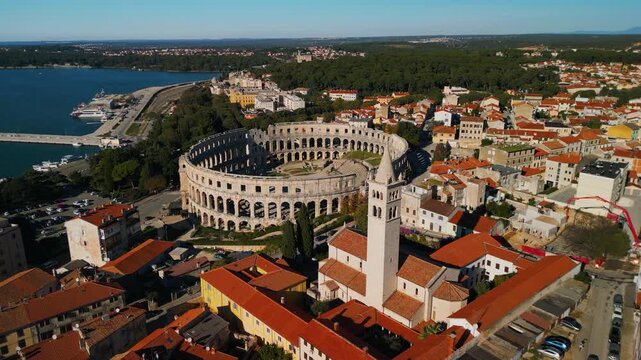 Pula town panorama, Croatia aerial drone view