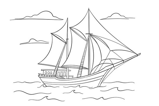 Classic wooden sailboat gracefully navigating ocean waves under a cloudy sky, depicted in a charming hand-drawn line art style perfect for coloring or simple design projects