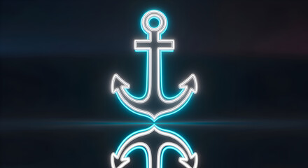 A glowing neon blue anchor symbol with a reflection against a dark moody background evoking themes of maritime stability and nautical adventure © Fizzah