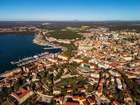 Pula city panorama and bell tower - aerial drone view, Croatia