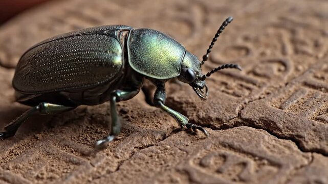 A shiny scarab beetle crawling across a cracked clay tablet
