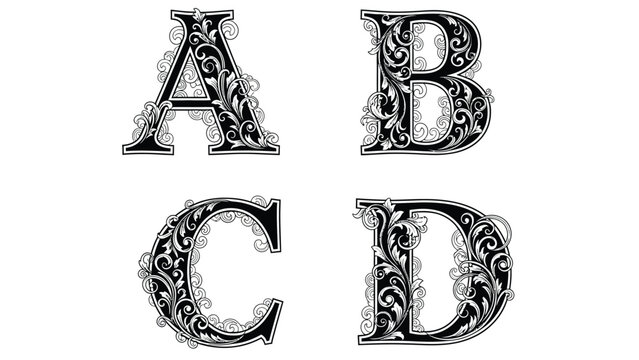 ornamental vintage alphabet letters A B C D decorative floral vector typography