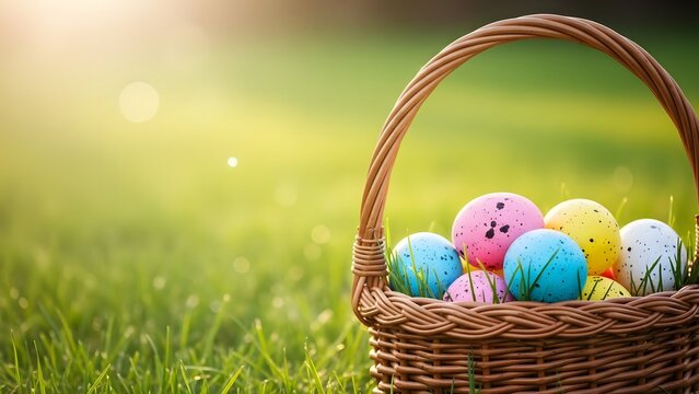 Easter egg basket in green grass field on sunny day