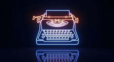 Retro neon typewriter with a glowing eye on the paper symbolizing surveillance writing creativity and mystery in a dark reflective setting © Fizzah