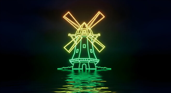 Vibrant neon outline of a traditional windmill glowing with a gradient of yellow and green light reflected on dark water creating a futuristic and artistic representation