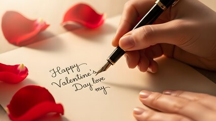 Close-up of hands writing a love letter were written Happy Valentine's day my love on textured paper with fountain pen, rose petals scattered around, warm light.