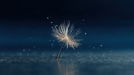 A glowing dandelion seed floats in the deep blue darkness, embodying wishes, dreams, and a magical connection, while soft cinematic lighting creates a tranquil scene.
