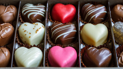Heart shaped chocolate pralines in a box. Valentine's Day Gift