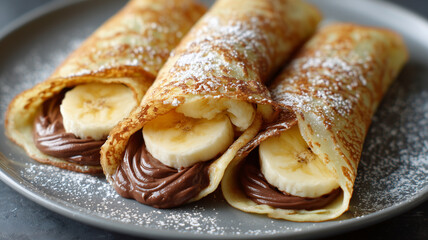 French crepes stuffed with chocolate and bananas on a plate