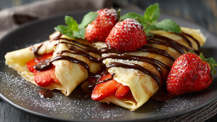 Crepes with strawberries and chocolate sauce on a plate