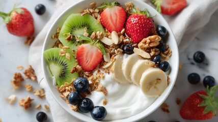 Top view of granola with nuts and raisins, kiwi, blueberries, banana, strawberries and yogurt