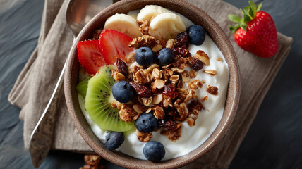 Top view of granola with nuts and raisins, kiwi, blueberries, banana, strawberries and yogurt
