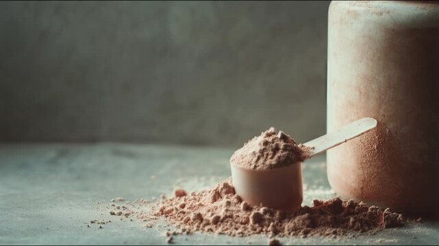 High-quality whey protein gainer powder with scoop, perfect for fitness, muscle building, and commercial nutrition branding
