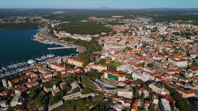 Pula town panorama, Croatia aerial drone view