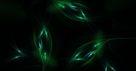 Obraz premium Abstract Luminous Energy Leaves with Glowing Green Plasma Petals and Curved Light Trails on Dark Organic Background