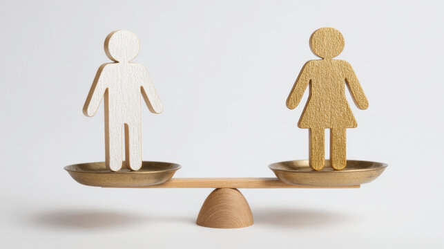Wooden figures of a man and woman balanced on a seesaw representing equality. Symbolic representation of gender equality and balance between men and women on a simple wooden scale