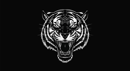 Fierce White Tiger Roaring on Black Background, Minimalist Line Art.