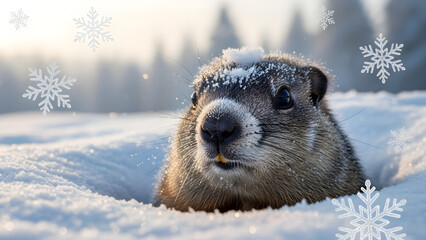 Obraz premium Groundhog Day Celebration with a Cute Groundhog Peeking from Snow Burrow with Snowflakes