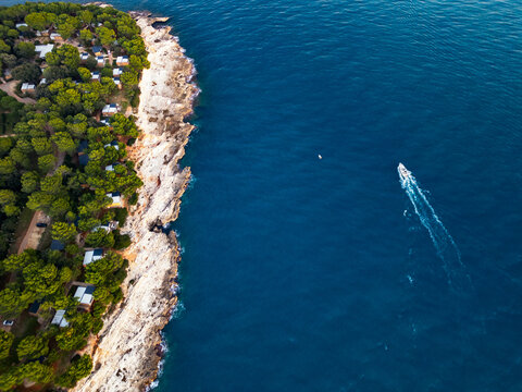 Coastal resort aerial drone top down panorama with turquoise sea view in Pula Croatia.
