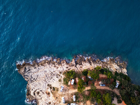 Coastal resort aerial drone top down panorama with turquoise sea view in Pula Croatia.
