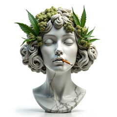 Marble bust with cannabis leaves and cigarette on white background