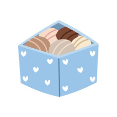 Sweet macarons in a cute blue heart pattern gift box flat illustration. Suitable for clip art, stickers, flat design illustration, etc