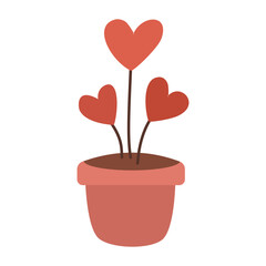 Potted plant with three heart shaped red flowers flat illustration. Suitable for clip art, stickers, flat design illustration, etc