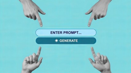 Hands pointing towards button on stylish blue background  