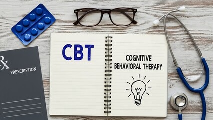 CBT Cognitive Behavioral Therapy on notebook with glasses and stethoscope  