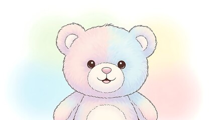 Cute pastel colored teddy bear with sweet expression on soft rainbow background smiling adorable toy