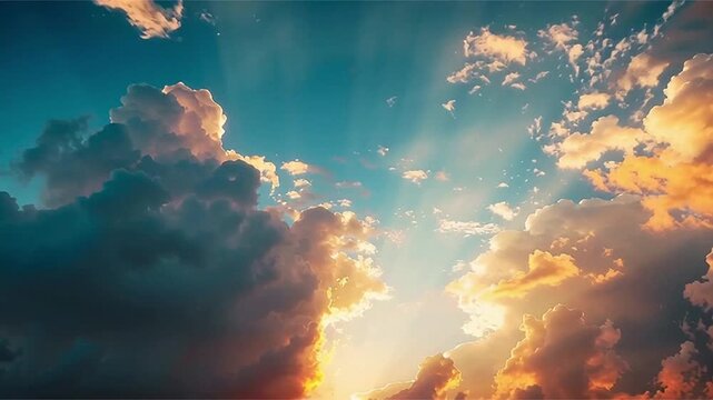 A breathtaking cloudy sky with sunbeams shining through the clouds in a serene landscape viewed from below