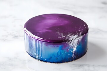 mirror glaze cake, modern dessert with minimalist cake design and glossy surface featuring galaxy color glaze for elegant contemporary pastry presentation