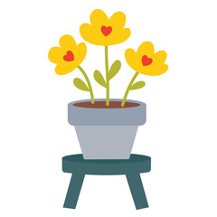 Yellow flowers in a pot on a small wooden stool illustration. Suitable for clip art, stickers, flat design illustration, etc