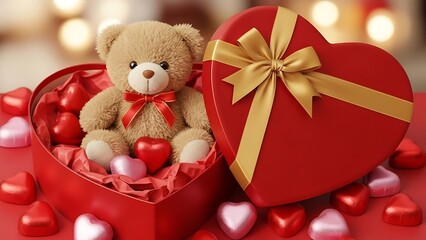 Teddy bear sitting in heart shaped gift box surrounded by valentine's day hearts and decorations